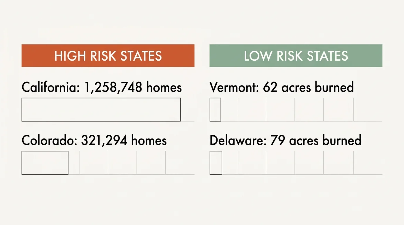 A clean infographic comparing high wildfire risk states like California with low-risk states like Vermont and Delaware.