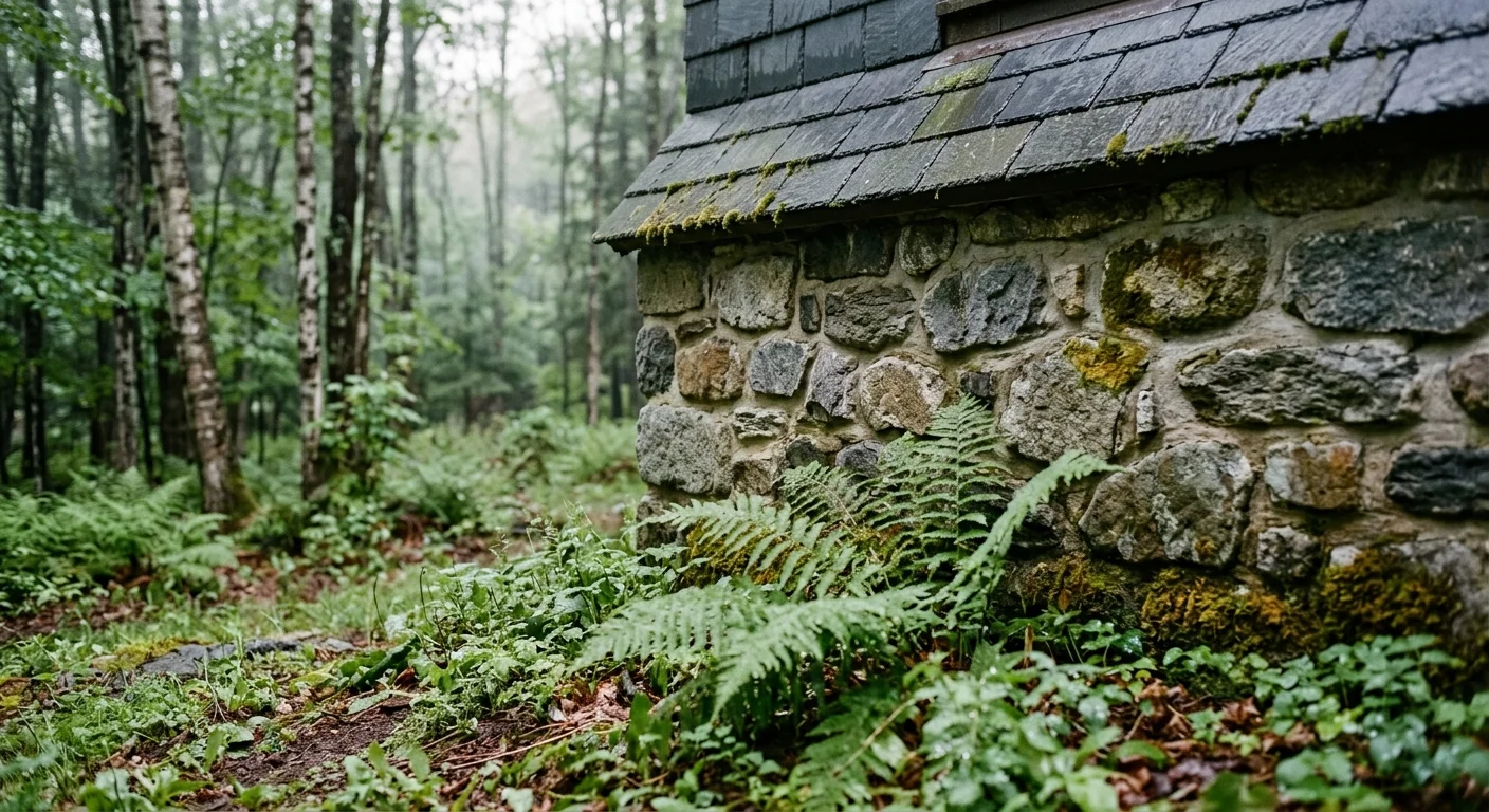 A close-up of a stone and slate cottage surrounded by damp ferns and lush green deciduous forest.