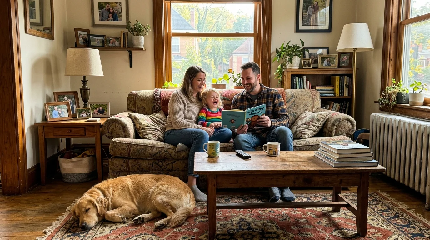 A family happily relaxing in their cozy, sunlit living room in a safe neighborhood, feeling secure.