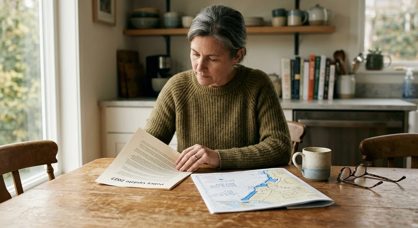 A homeowner at a kitchen table reviews physical flood insurance policy papers and maps under warm, natural window light.