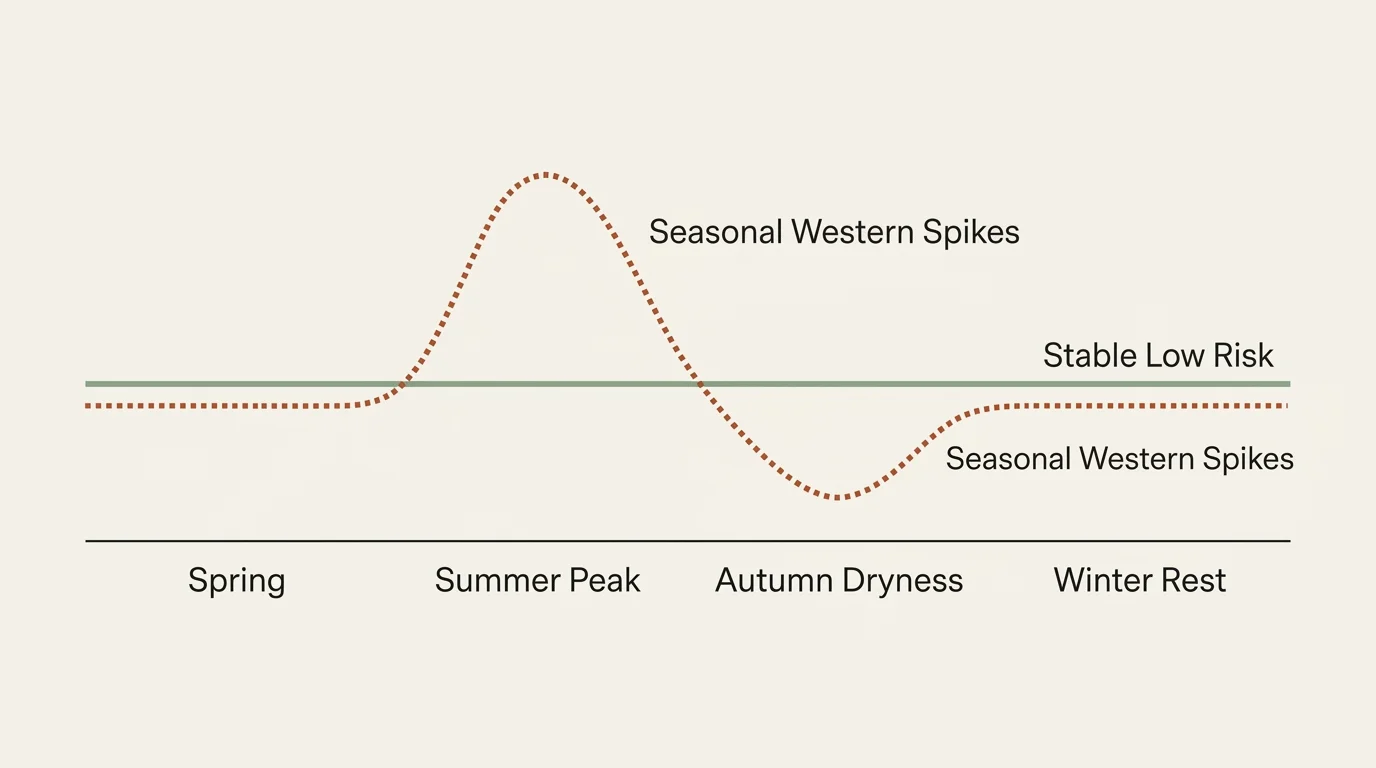 A horizontal timeline comparing the stable year-round low fire risk of safe states with the seasonal spikes of high-risk regions.