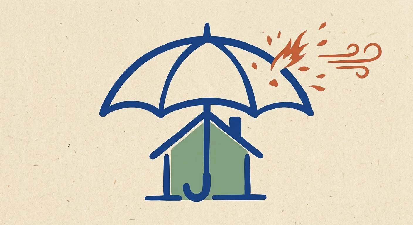 A minimalist graphic illustration of a green house protected under a large blue umbrella shield.