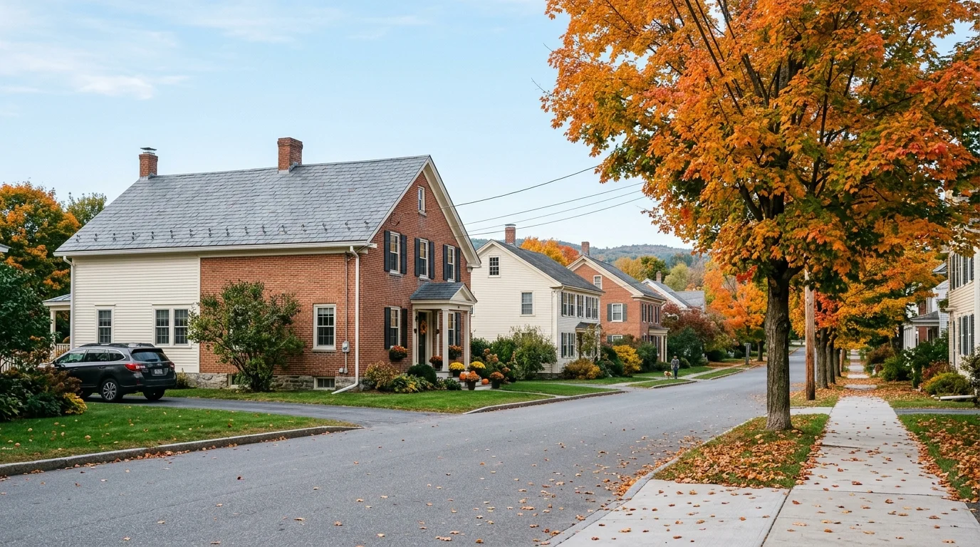 A quiet, sturdy residential street in Vermont lined with mature autumn trees under a clear, calm sky.