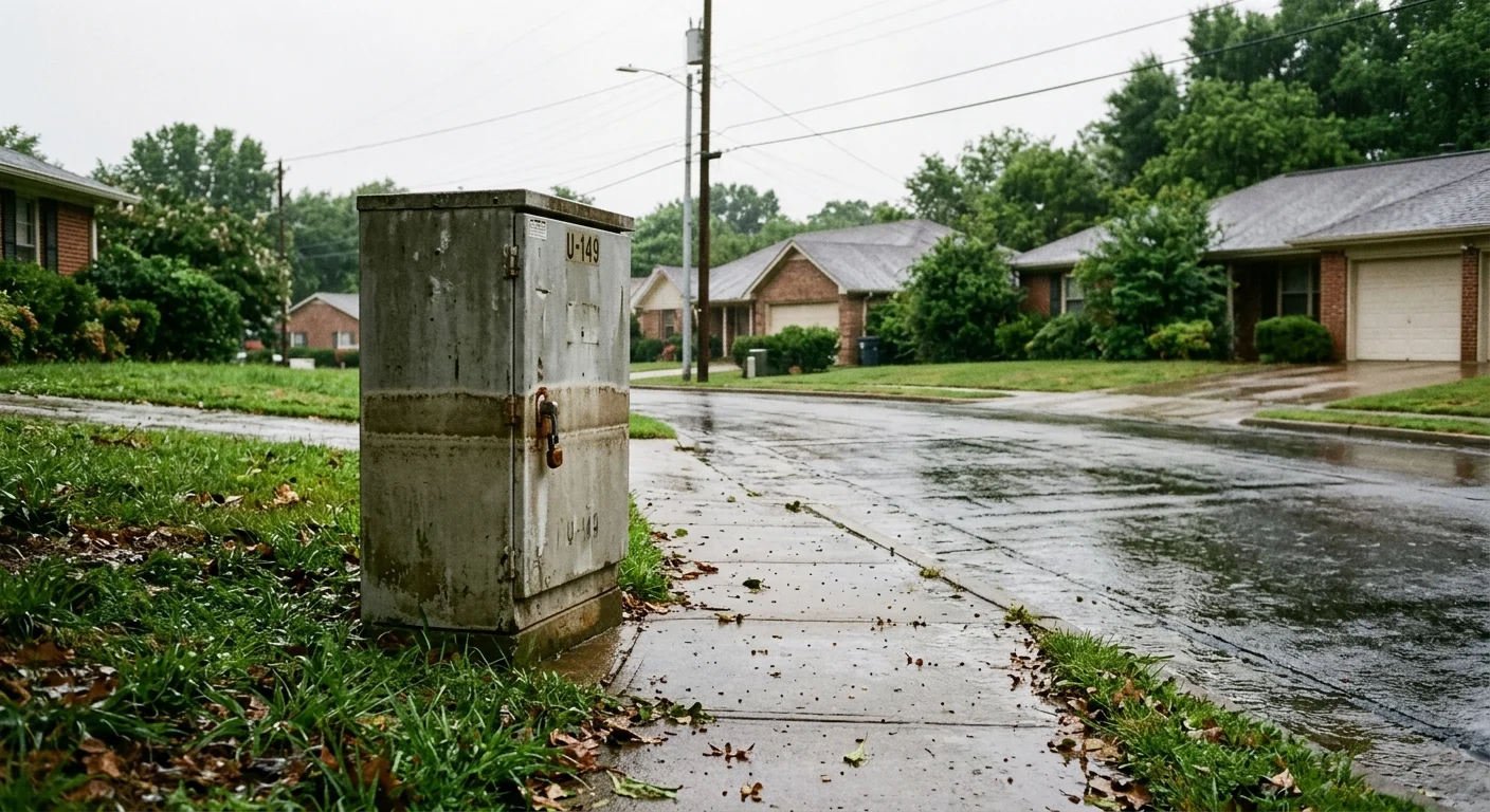 A quiet suburban street after rain, showing a high-water mark left on a concrete utility box, captured on warm 35mm film.