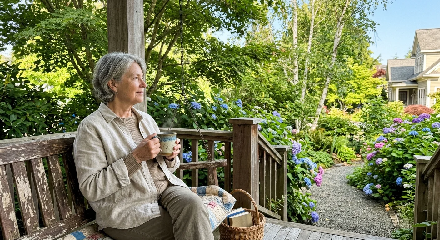 A retired woman sits peacefully on her wooden porch swing surrounded by lush green foliage under a clear, smoke-free sky.