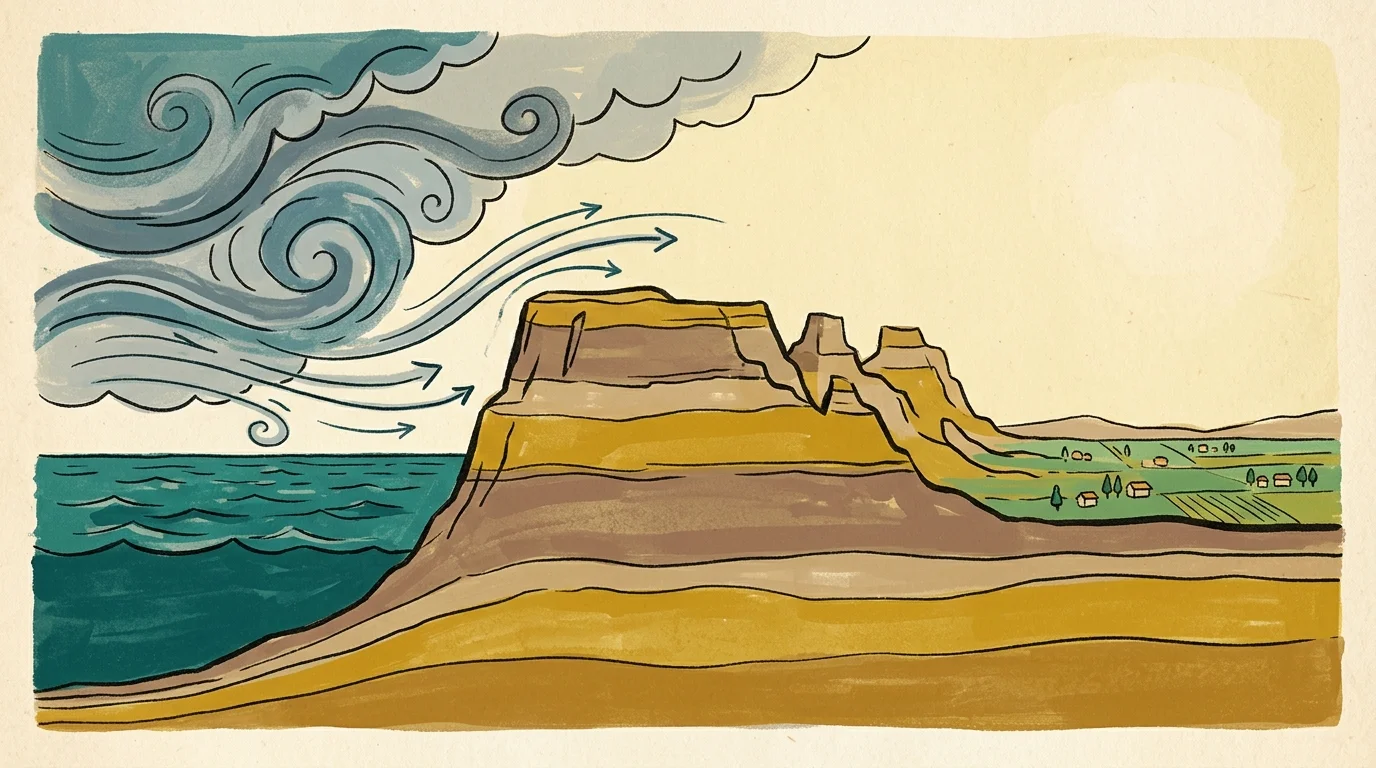 A retro gouache illustration showing mountains blocking ocean storms from reaching a calm, protected inland valley.
