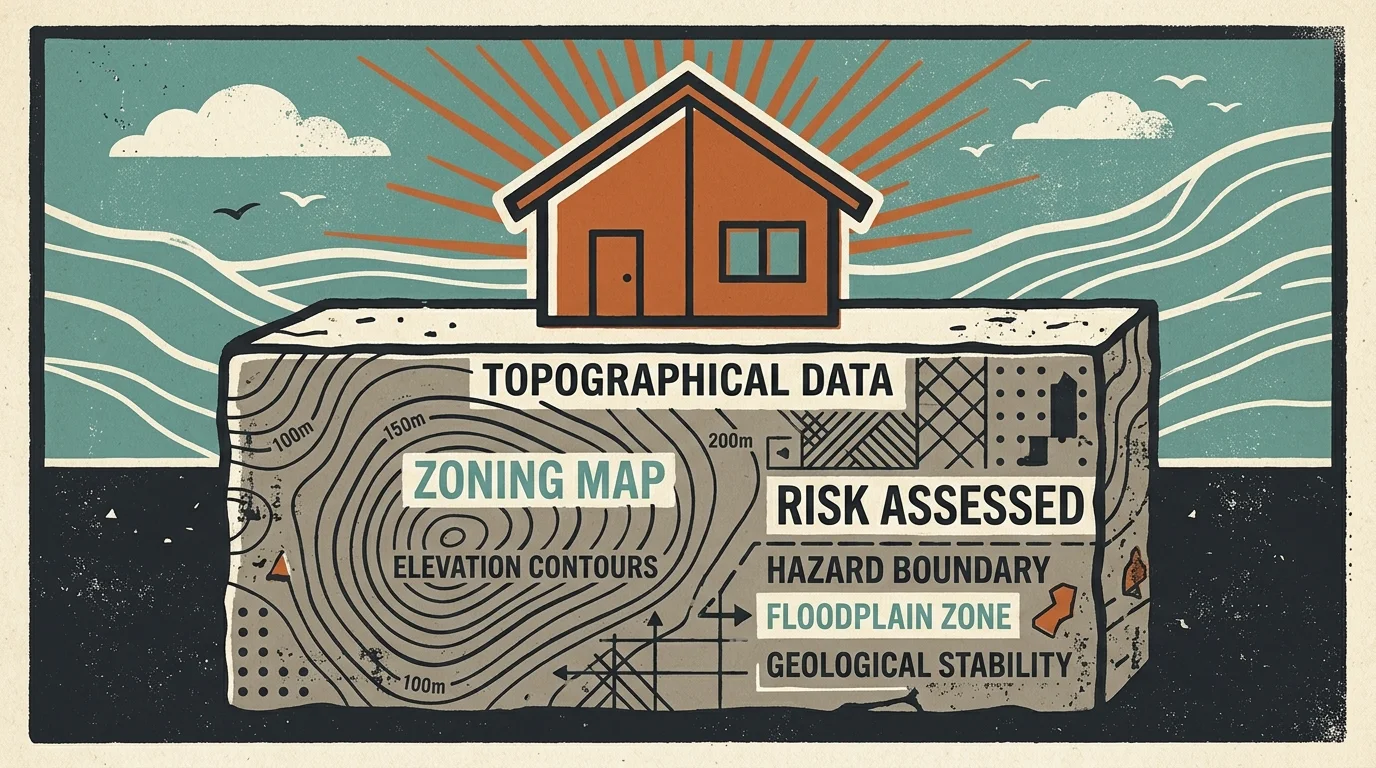 A screenprint-style illustration of a house resting on a solid stone block decorated with map contour lines.