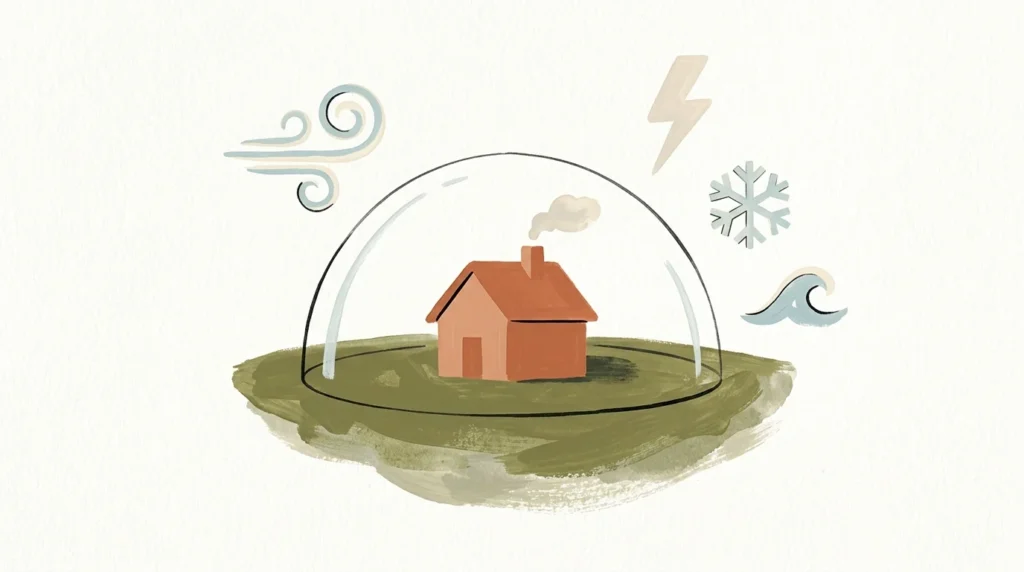 A stylized illustration of a cozy house protected by a transparent shield from abstract weather symbols.