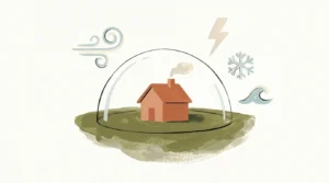 A stylized illustration of a cozy house protected by a transparent shield from abstract weather symbols.