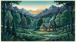 A stylized screenprint illustration of a cozy cottage nestled safely in a lush, green, fire-protected mountain valley.
