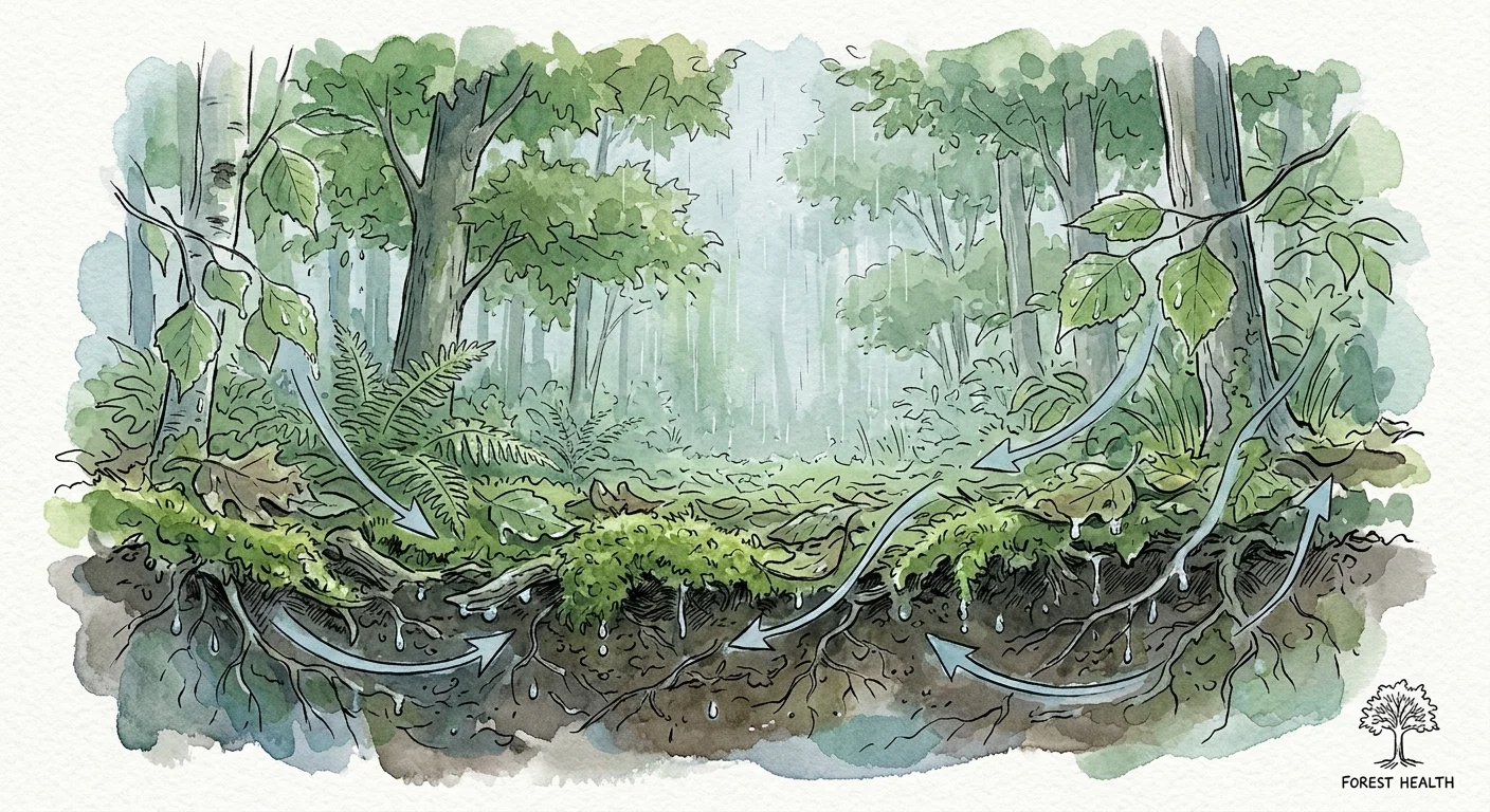 An ink and watercolor illustration of a damp, humid forest floor that naturally resists fire.