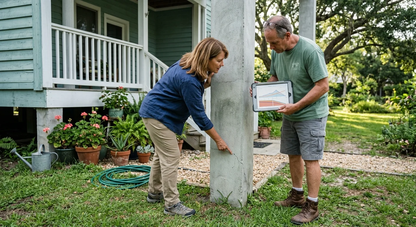 Homeowners inspect the raised foundation of their house in their backyard, using a tablet to assess structure-specific risk.