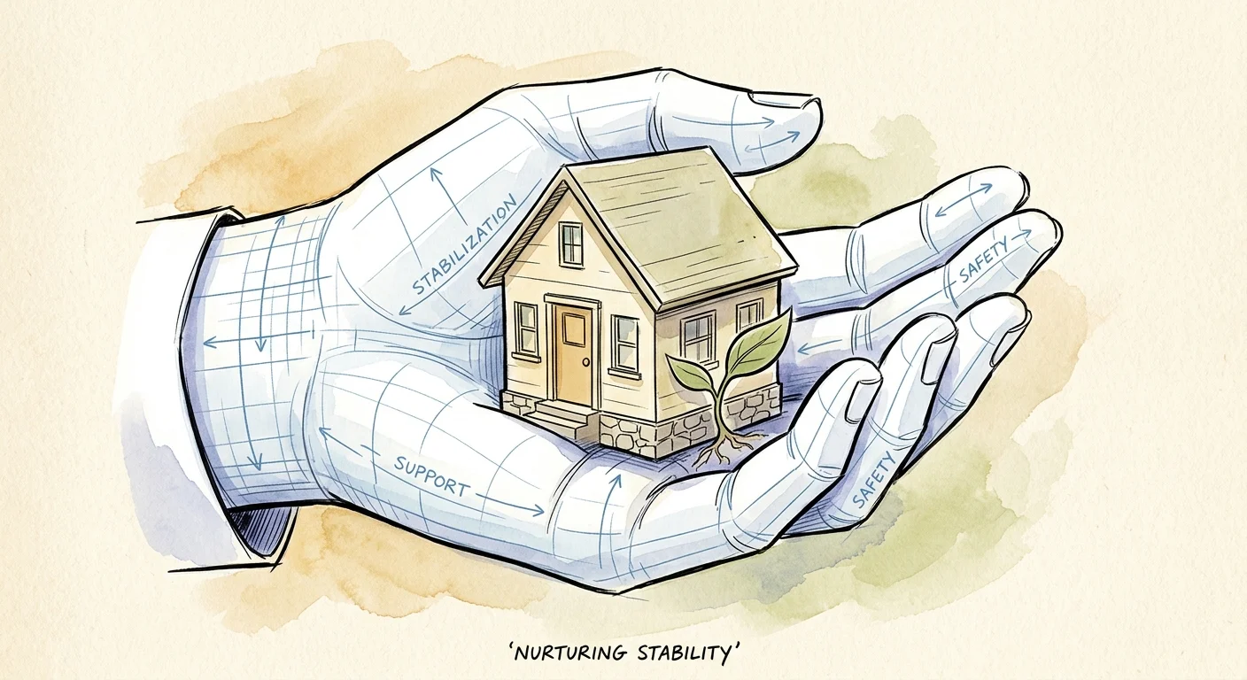 Ink and watercolor editorial illustration of a house nestled in a protective blueprint hand, representing financial stability and recovery.