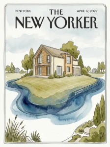 Ink and watercolor editorial illustration of a house on a hill surrounded by blue watercolor washes representing 2027 flood risk boundaries.