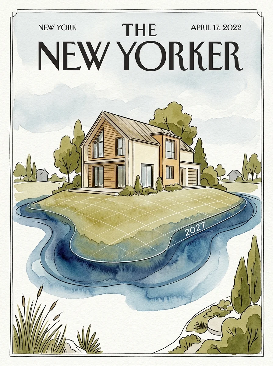 Ink and watercolor editorial illustration of a house on a hill surrounded by blue watercolor washes representing 2027 flood risk boundaries.