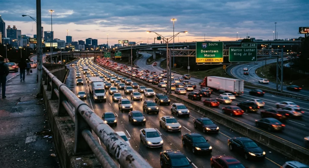 Heavy traffic congestion on a multi-lane interstate highway at dusk with overhead green exit signs and city buildings.
